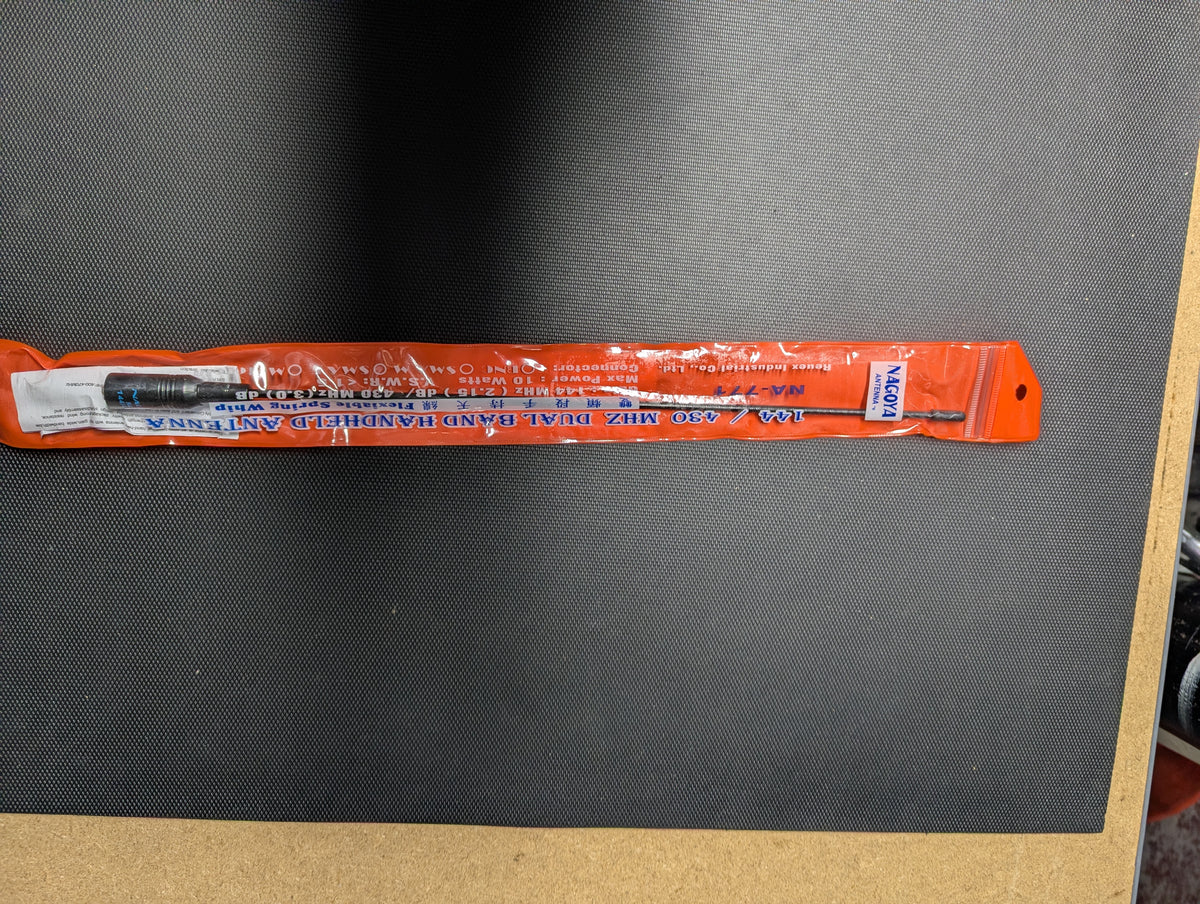 NA-771 antenna packaging showing 144/430 MHz specs